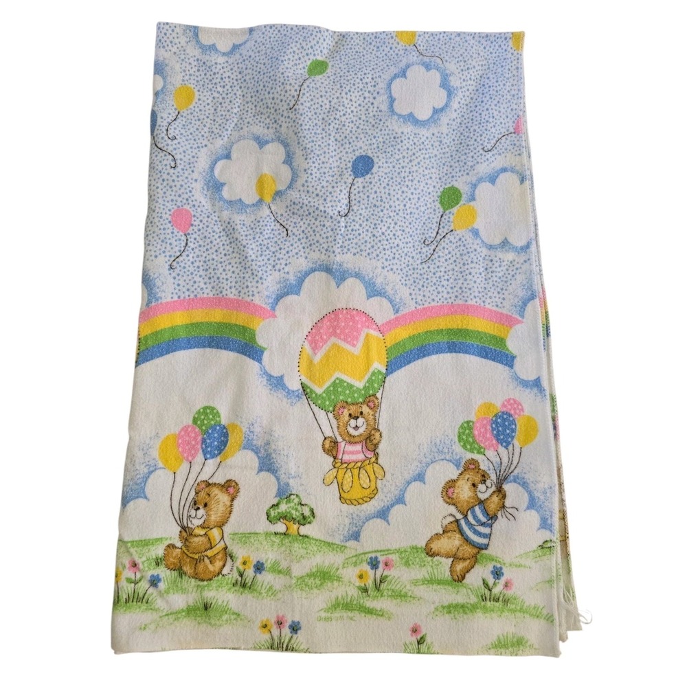 Vintage Toddletime Baby Flannel Blanket Bears Balloons Rainbows 25 x‎ 39"